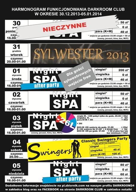 rozkład jazdy DARKROOM CLUB 30.12.2013 - 05.01.2014 - DARKROOM24
