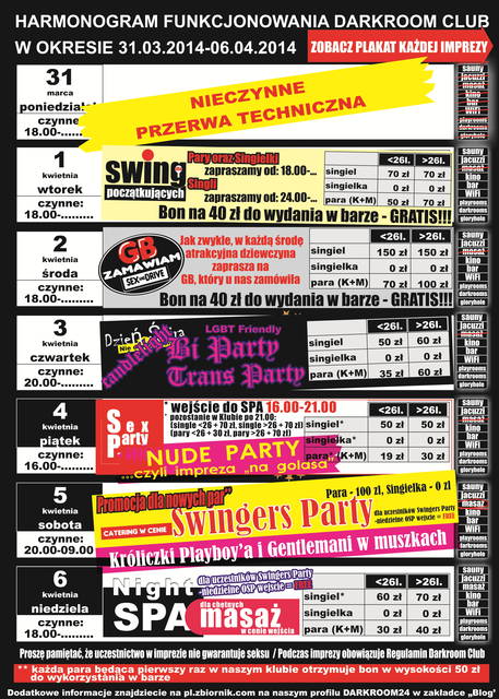 rozkład jazdy DARKROOM CLUB 31.03.2014 - 06.04.2014 - DARKROOM24