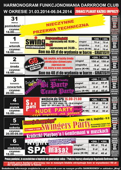 rozkład jazdy DARKROOM CLUB 31.03.2014 - 06.04.2014