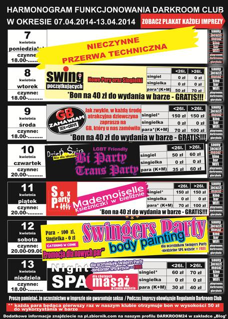 rozkład jazdy DARKROOM CLUB 07.04.2014 - 13.04.2014 - DARKROOM24
