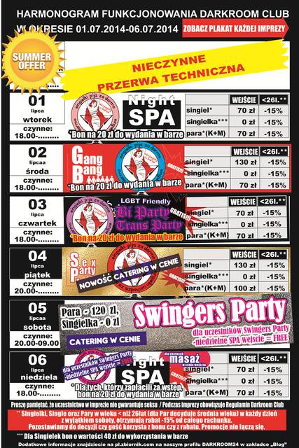 rozkład jazdy DARKROOM CLUB 01.07.2014 r. - 06.07.2014 r. - DARKROOM24