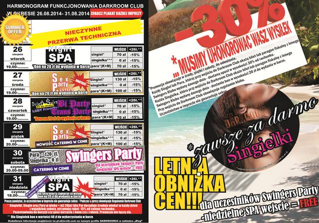 Rozkład jazdy Darkroom Club 26 - 31 sierpnia 2014 r. + PROMOCJE - DARKROOM24