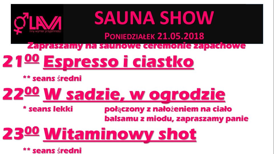 STARTER WEEK - SAUNOWE PONIEDZIAŁKI - SEX PARTY 21.05.2018 r. - LavaClub